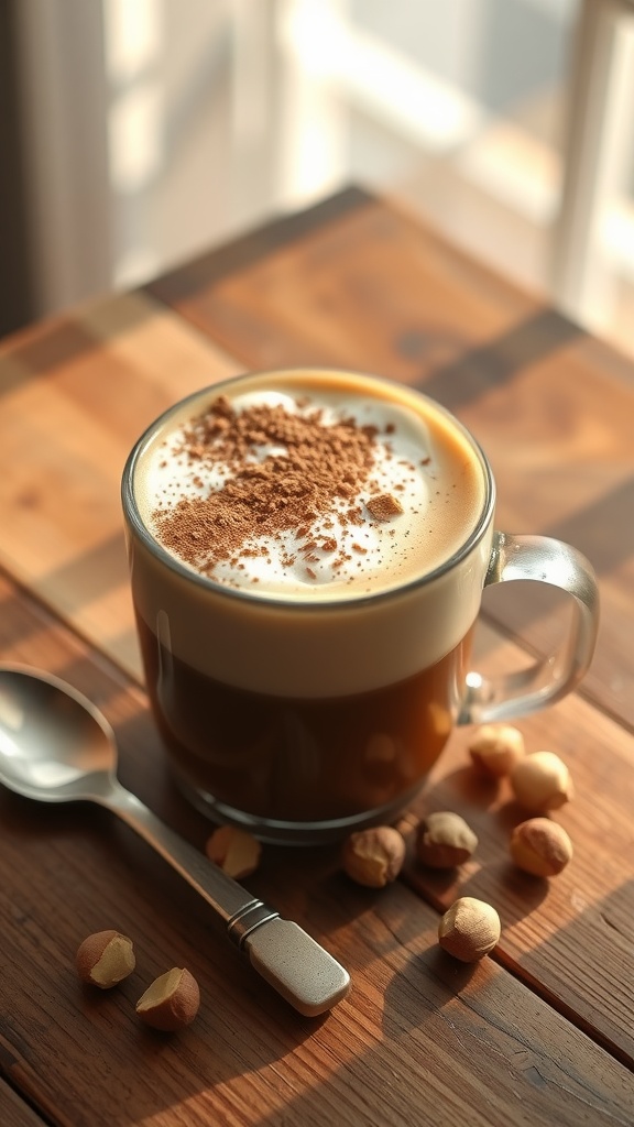 A cup of hazelnut coffee with frothy milk, garnished with chopped hazelnuts and cocoa powder on a wooden table.